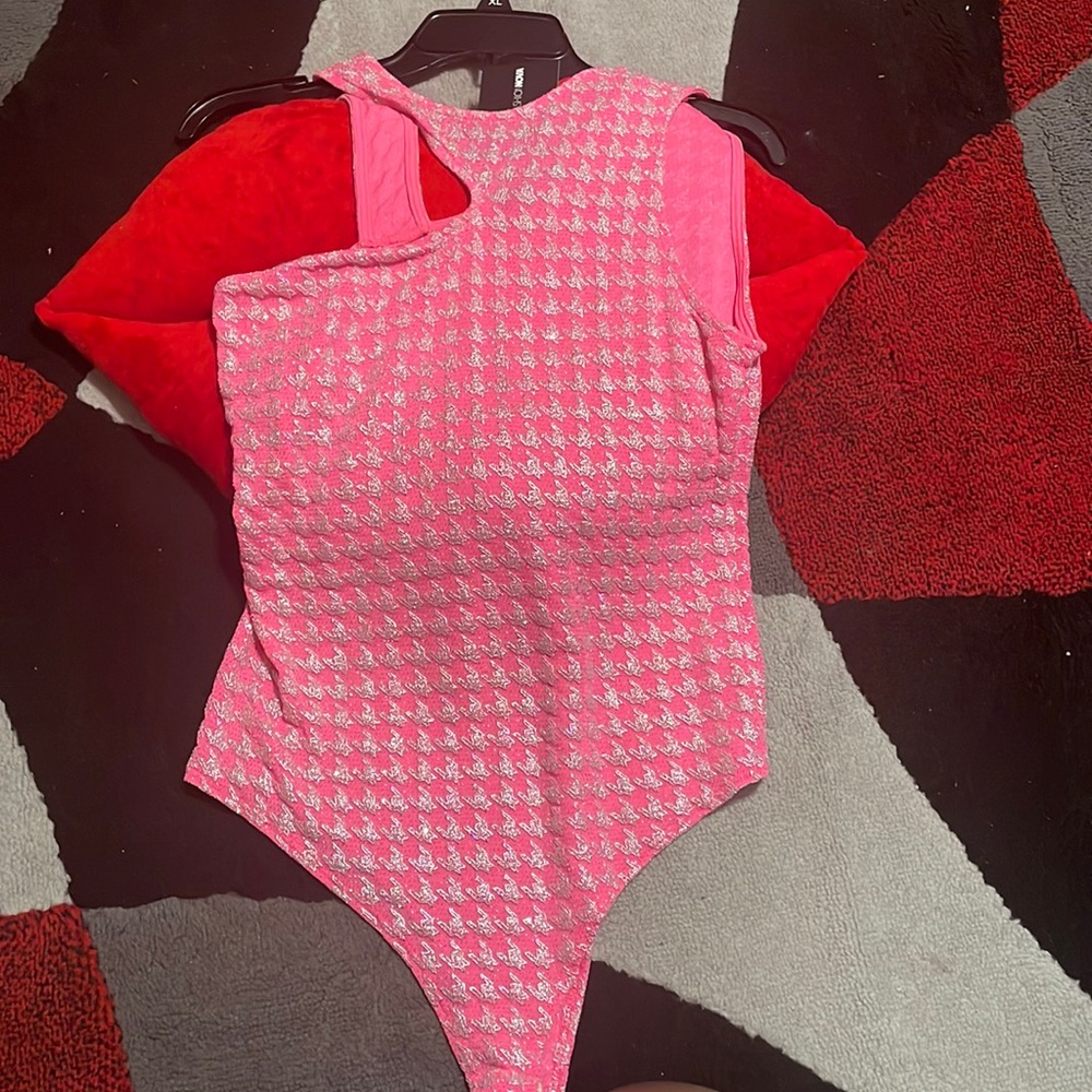 Off the shoulder pink sparkly body suit from fashion nova